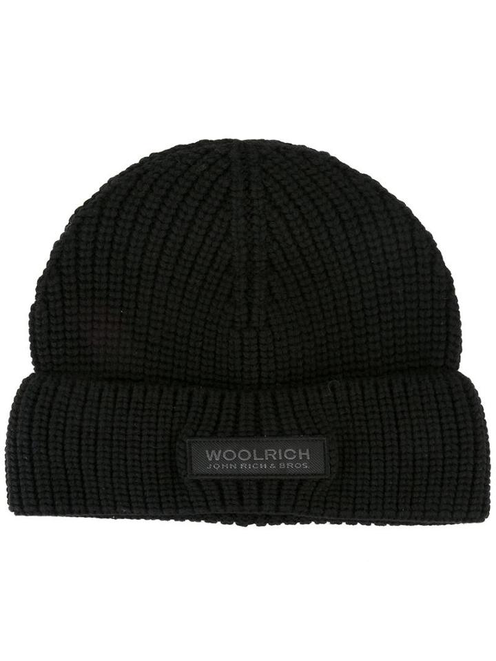 Woolrich Knitted Logo Patch Beanie, Men's, Black, Virgin Wool
