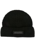 Woolrich Knitted Logo Patch Beanie, Men's, Black, Virgin Wool
