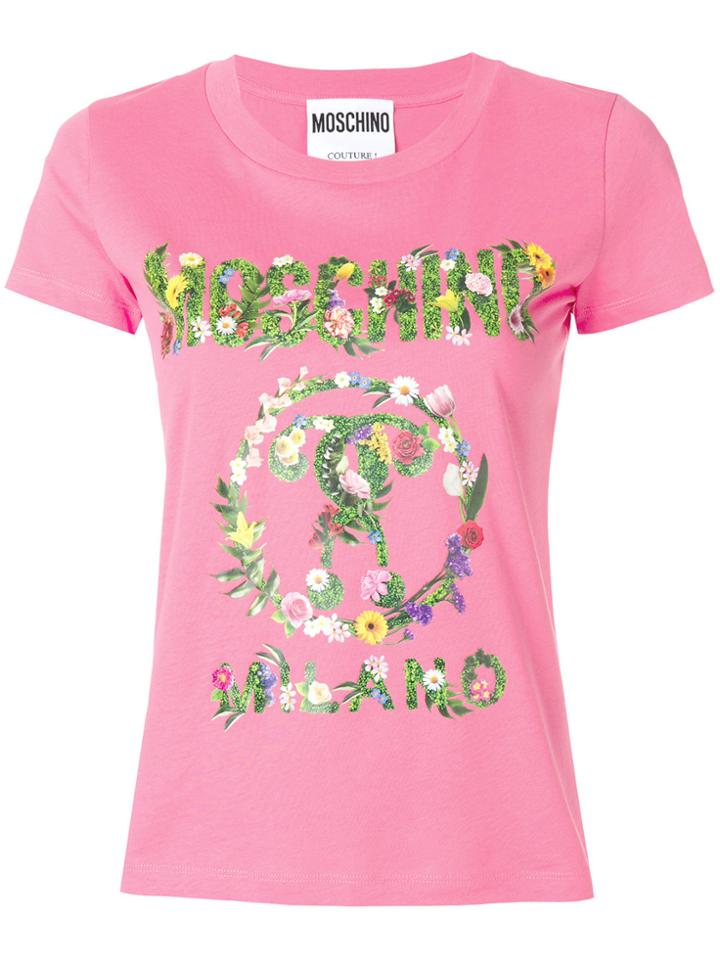 Moschino Floral Print Logo T-shirt - Pink & Purple