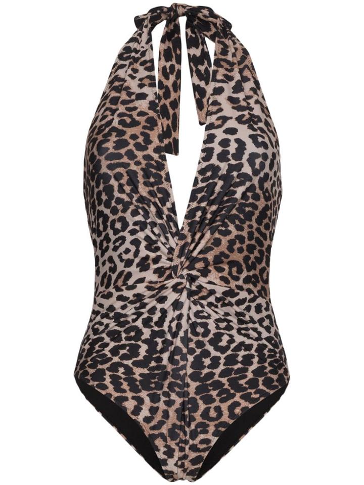 Ganni Leopard Print Swimsuit - Brown