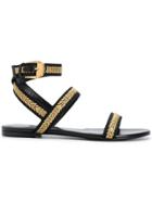 Versace Flat Embroidered Sandals - Black