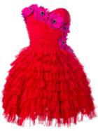 Dolce & Gabbana Bustier Ruffle Flower Dress, Women's, Size: 40, Red, Silk/polyamide/spandex/elastane