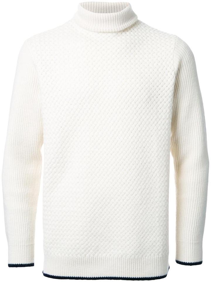 Factotum Waffle Knit Contrast Trim Jumper, Men's, Size: 44, White, Wool