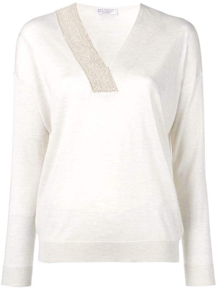 Brunello Cucinelli Sequinned V-neck Jumper - Neutrals