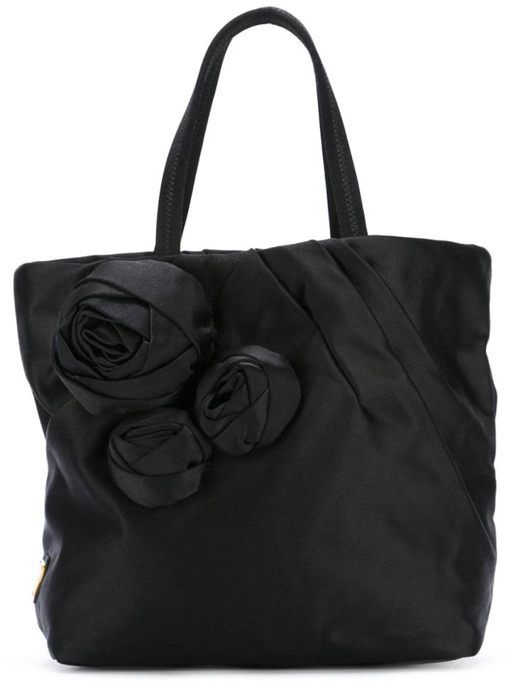Prada Vintage Flower Appliqué Tote - Black