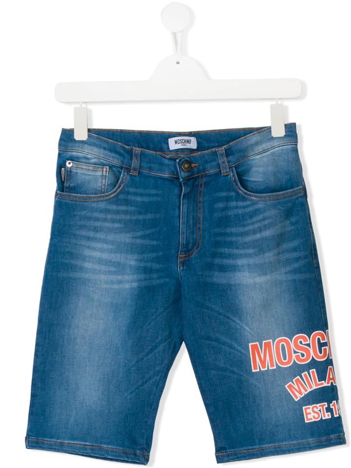 Moschino Kids Logo Printed Denim Shorts - Blue