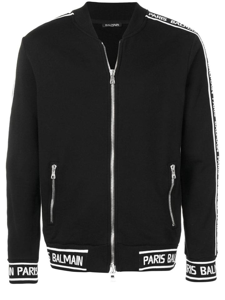 Balmain Branded Stripe Bomber Jacket - Black