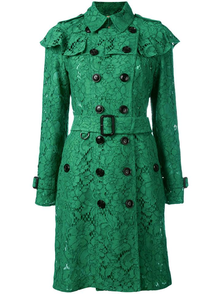 Burberry Ruffle Trim Trench Coat, Women's, Size: 8, Green, Cotton/viscose/polyamide/silk