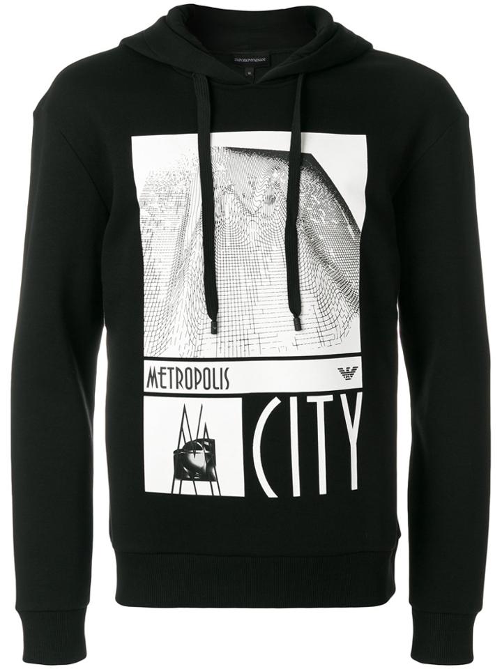 Emporio Armani Long Sleeved Printed Hoodie - Black