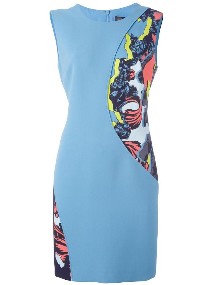 Versace 'jagged Baroque' Panel Fitted Dress, Women's, Size: 40, Blue, Viscose/silk