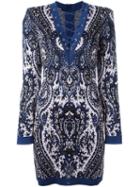 Balmain Lace-up Patterned Dress, Women's, Size: 38, Blue, Viscose