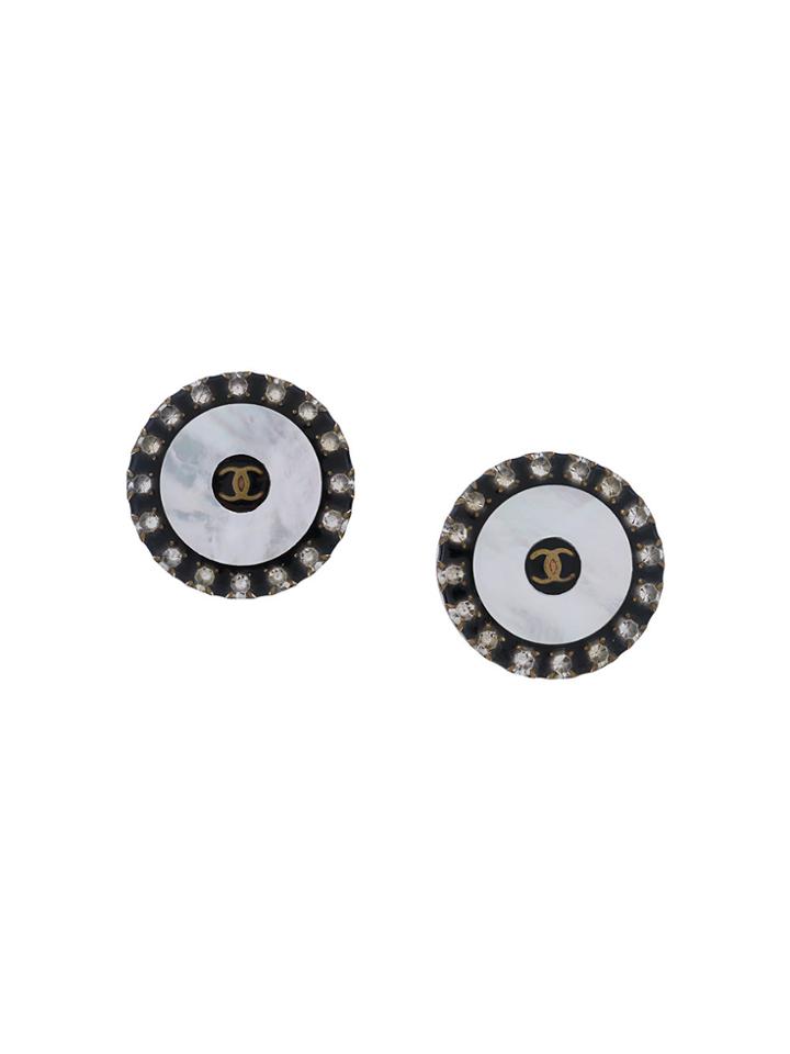 Chanel Vintage Rhinestone Logo Round Earrings - Black