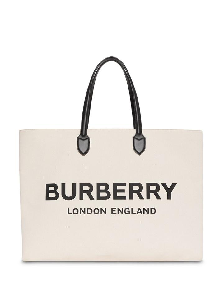 Burberry Logo Detail Cotton Blend Tote - Neutrals