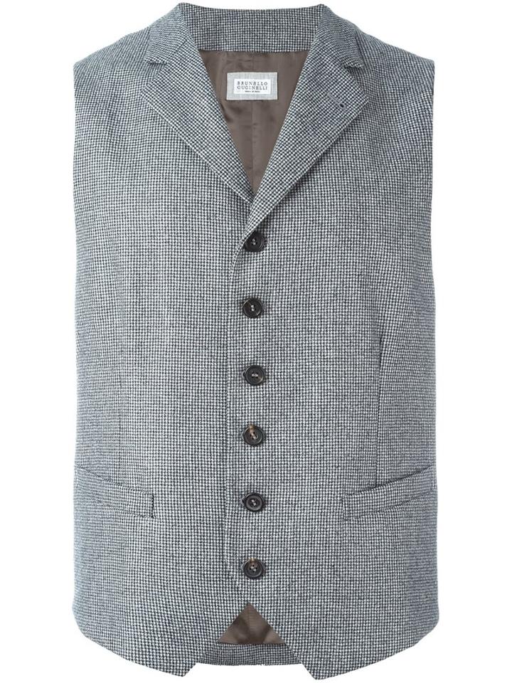 Brunello Cucinelli Houndstooth Waistcoat, Men's, Size: 50, Grey, Cupro/wool