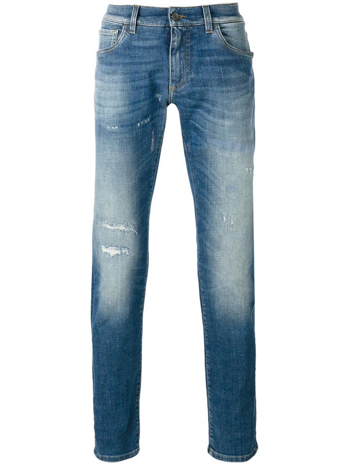 Dolce & Gabbana Distressed Front Jeans, Men's, Size: 48, Blue, Cotton/spandex/elastane