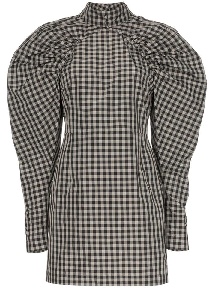Rotate Gingham Check Puff Sleeve Dress - Grey