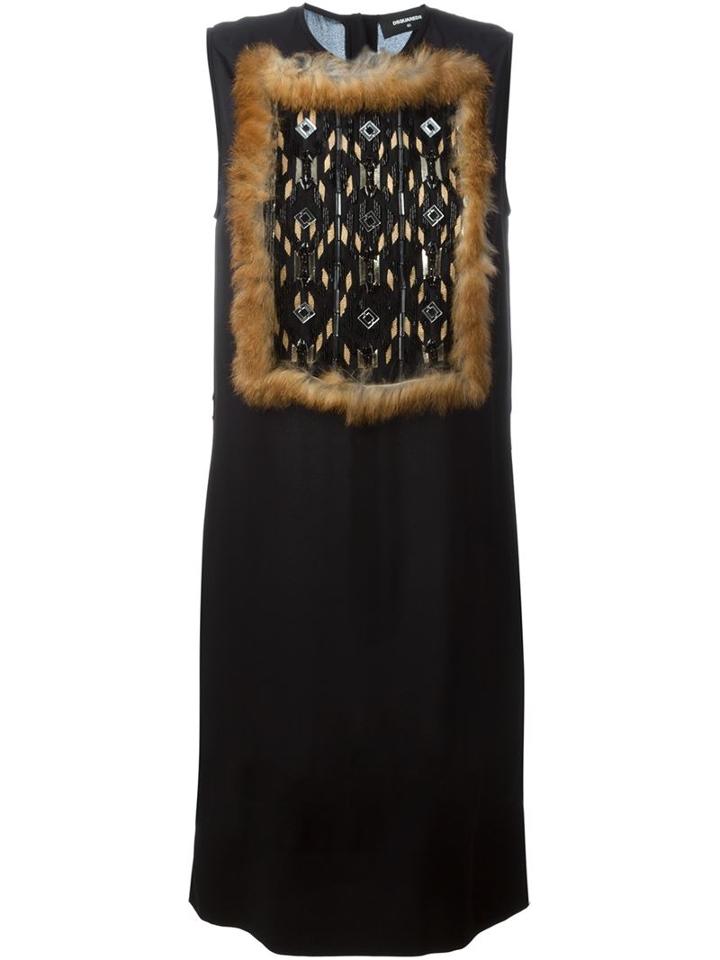 Dsquared2 Sequin And Fur Chest Shift Dress, Women's, Size: 40, Black, Viscose/silk/glass/acrylic