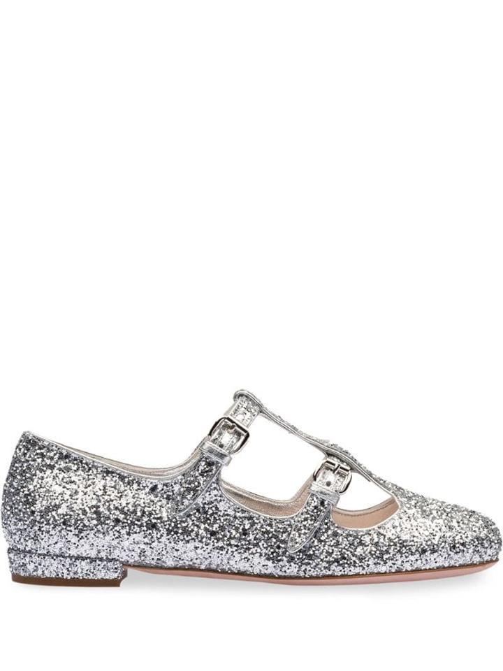 Miu Miu Glitter Buckle Ballerina Flats - Silver