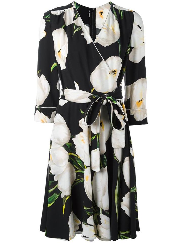 Dolce & Gabbana Tulip Print Wrap Dress, Women's, Size: 44, Black, Viscose/silk