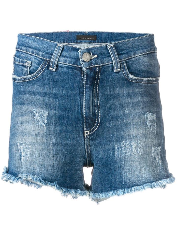 Frankie Morello Frayed Mid Rise Denim Shorts - Blue