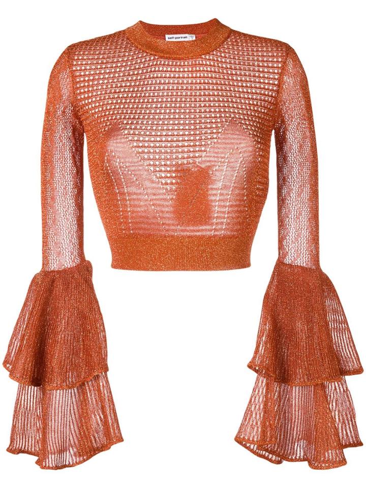 Self-portrait Cropped Ruffle Sweater - Orange