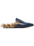 Gucci Blue Princetown Fur Lined Leather Backless Loafers