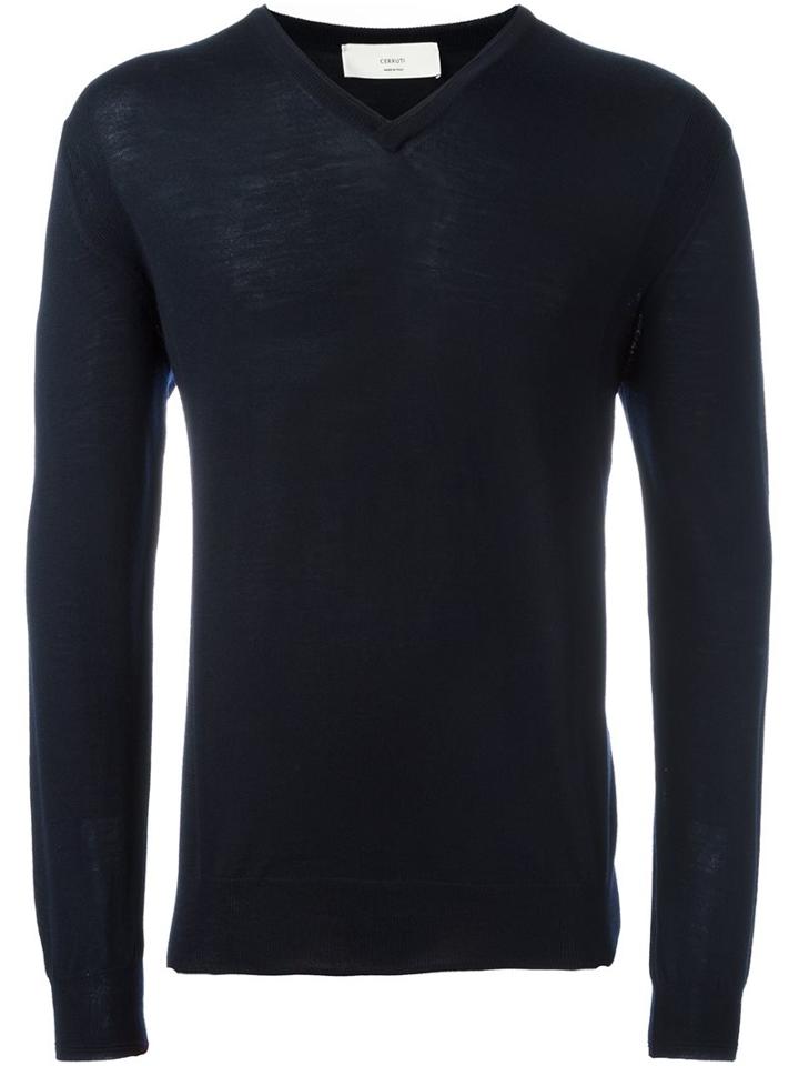 Cerruti 1881 V-neck Jumper, Men's, Size: Large, Blue, Wool