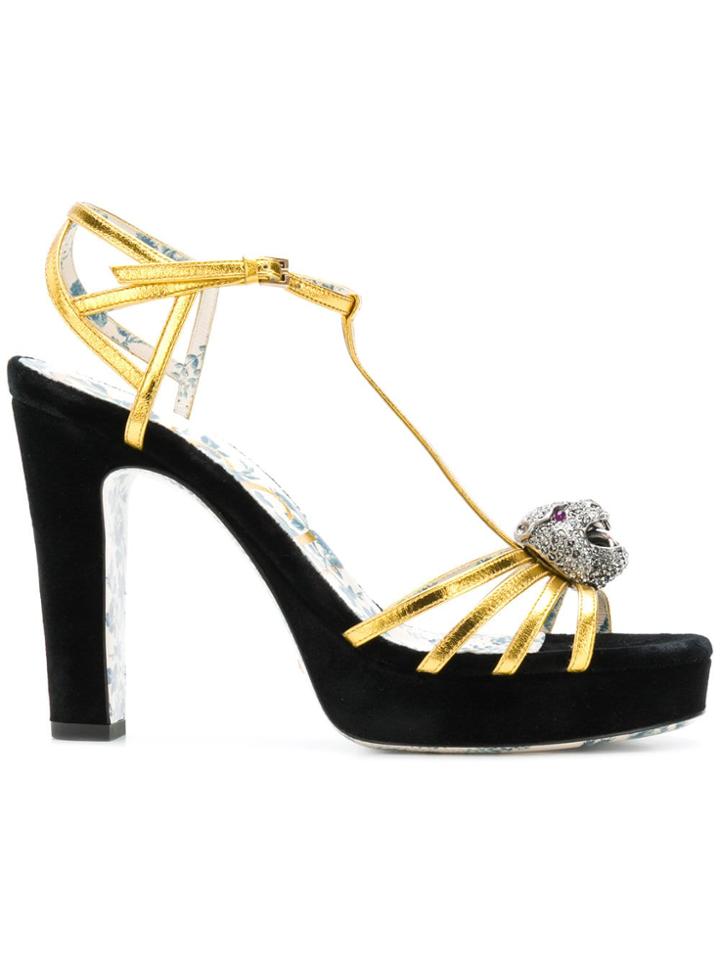 Gucci T-strap Feline Head Sandals - Black