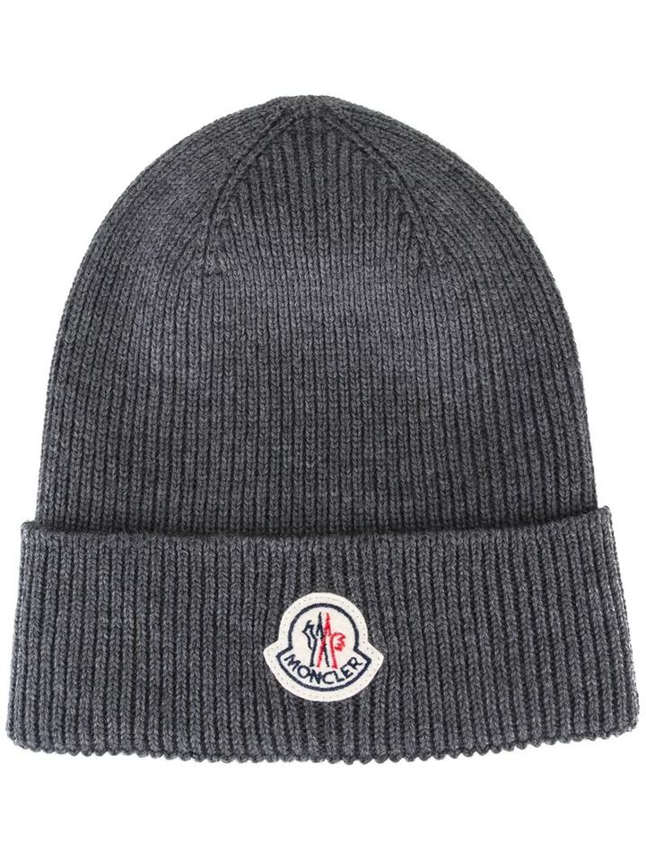 Moncler Ribbed Knit Beanie, Men's, Grey, Virgin Wool