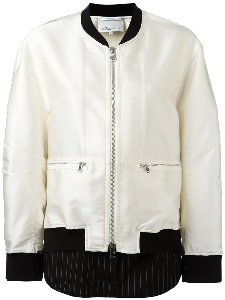 3.1 Phillip Lim Contrast Hem Bomber Jacket, Women's, Size: 4, White, Polyester/silk/cotton/spandex/elastane