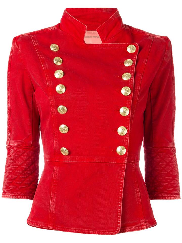 Pierre Balmain Button Up Denim Jacket, Women's, Size: 36, Red, Cotton/spandex/elastane