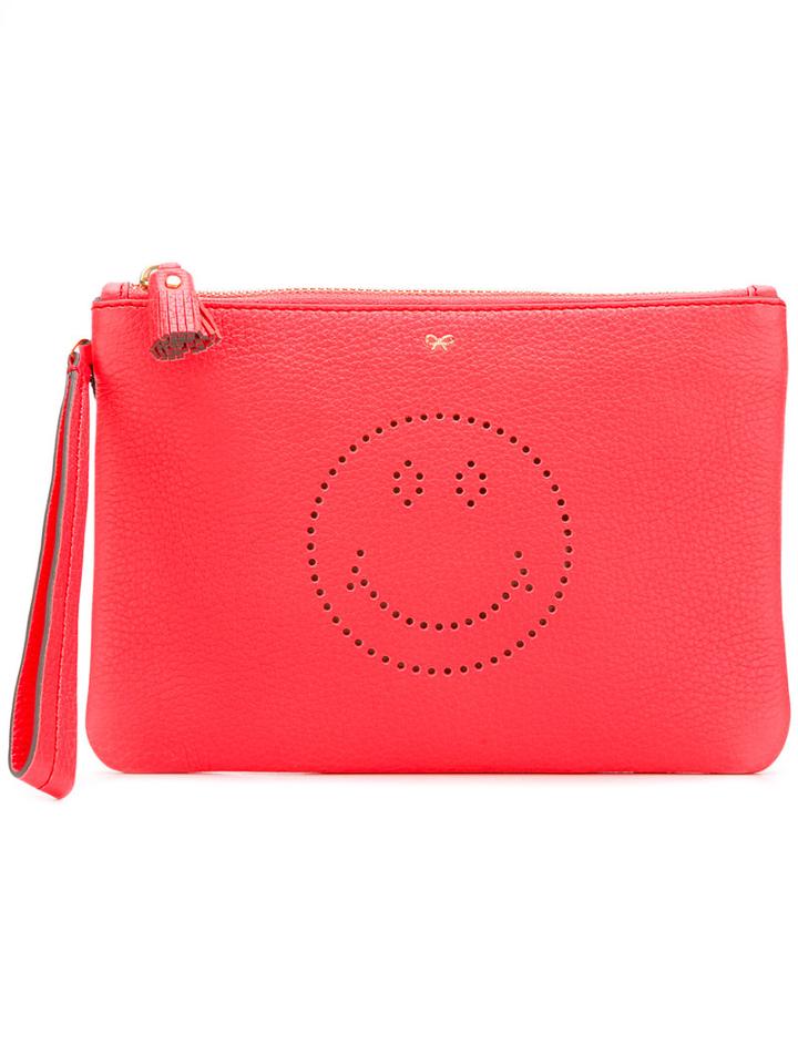 Anya Hindmarch Smiley Zipped Clutch, Red, Calf Leather