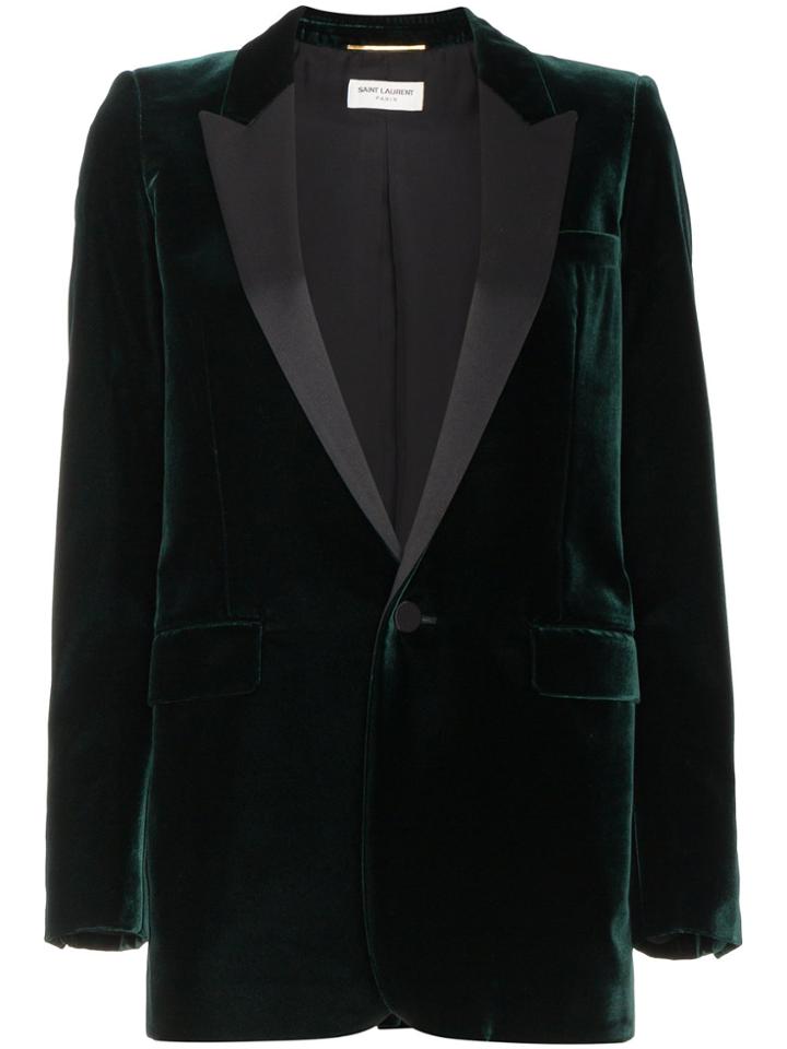 Saint Laurent Velvet Blazer With Satin Trims - Green