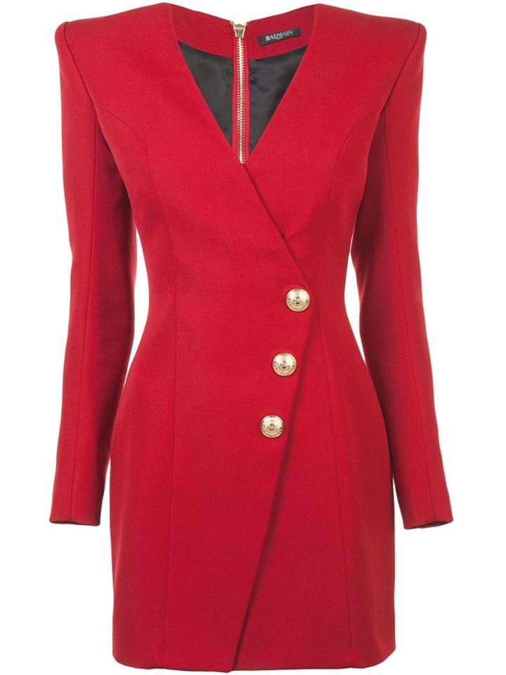 Balmain Plunge Neck Buttoned Dress - Red