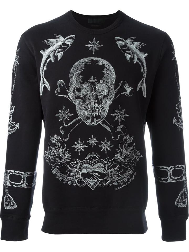 Alexander Mcqueen Tattoo Skull Embroidered Sweatshirt, Men's, Size: Xl, Blue, Cotton/polyester