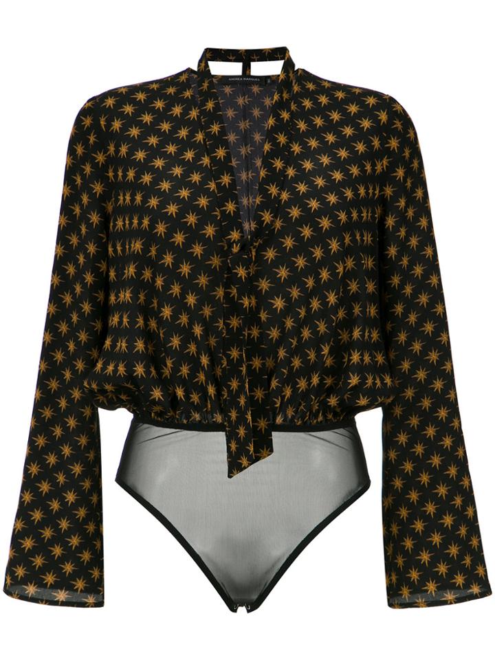 Andrea Marques Printed Bell Sleeves Bodysuit - Black