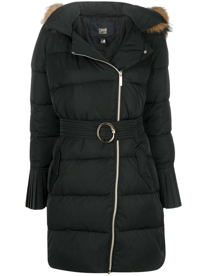 Cavalli Class Racoon Fur Trim Puffer Jacket - Black