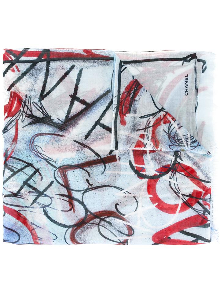 Chanel Vintage Graffiti Print Scarf, Women's, Blue