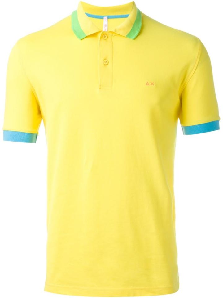 Sun 68 Wide Collar And Sleeve Detail 'righe Fluo' Polo Shirt, Men's, Size: Large, Yellow/orange, Cotton/spandex/elastane