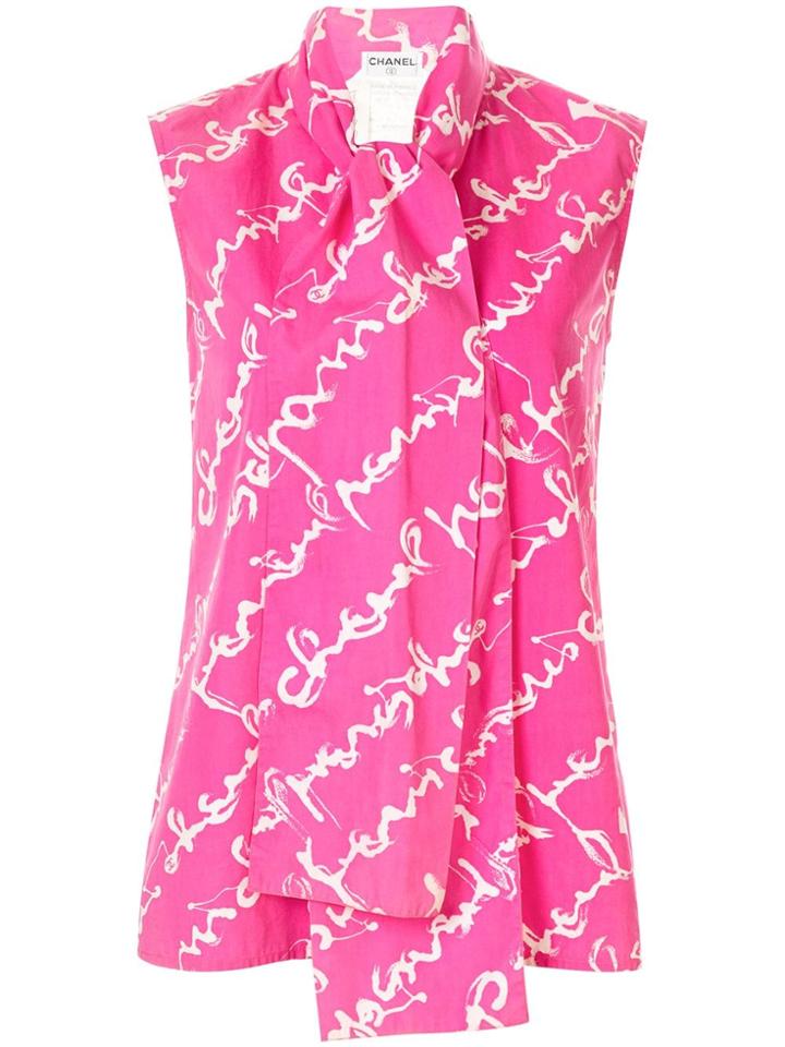 Chanel Pre-owned Cursive Logo Print Pussy Bow Blouse - Pink