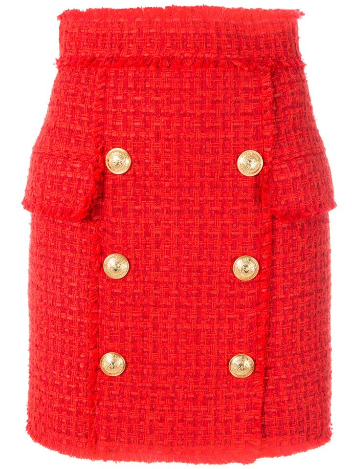 Balmain Button-embellished Tweed Skirt - Red