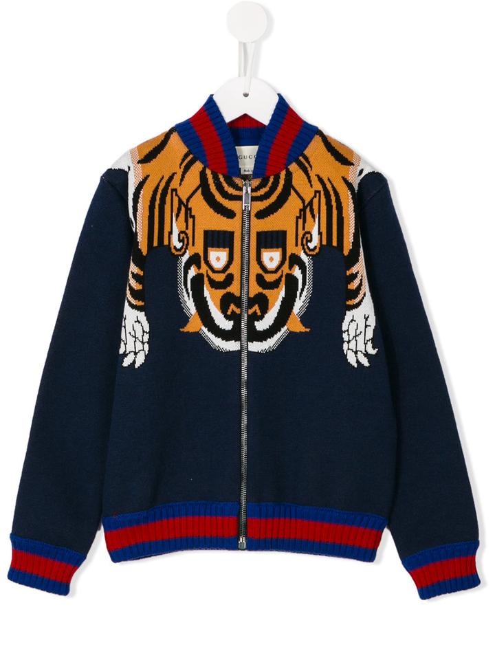Gucci Kids Tiger Knit Jacket, Toddler Boy's, Size: 5 Yrs, Blue
