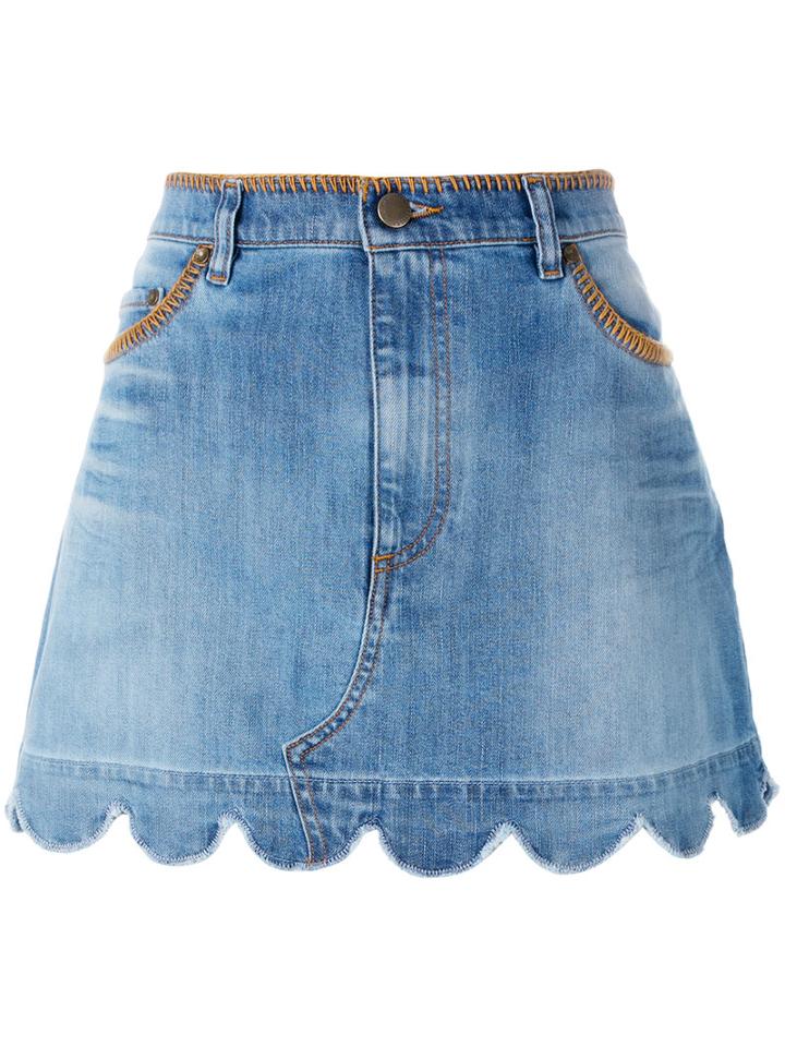 Red Valentino - Scallop Hem Denim Skirt - Women - Cotton/spandex/elastane - 40, Blue, Cotton/spandex/elastane