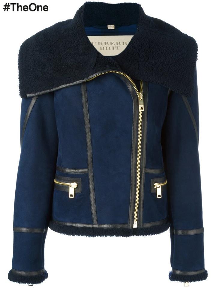 Burberry Zip Up Wide Collar Jacket, Women's, Size: 6, Blue, Cotton/calf Leather/sheep Skin/shearling/cupro