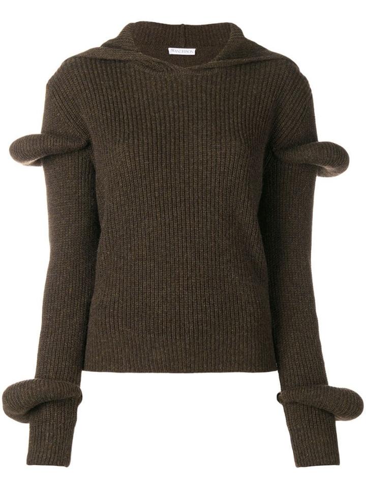 Jw Anderson Rib-knit Hoodie With Puff Sleeves - Green