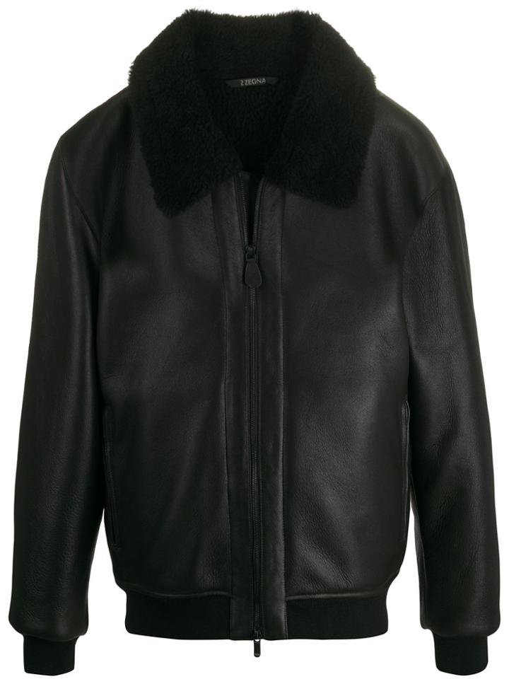 Z Zegna Shearling-collar Leather Jacket - Black