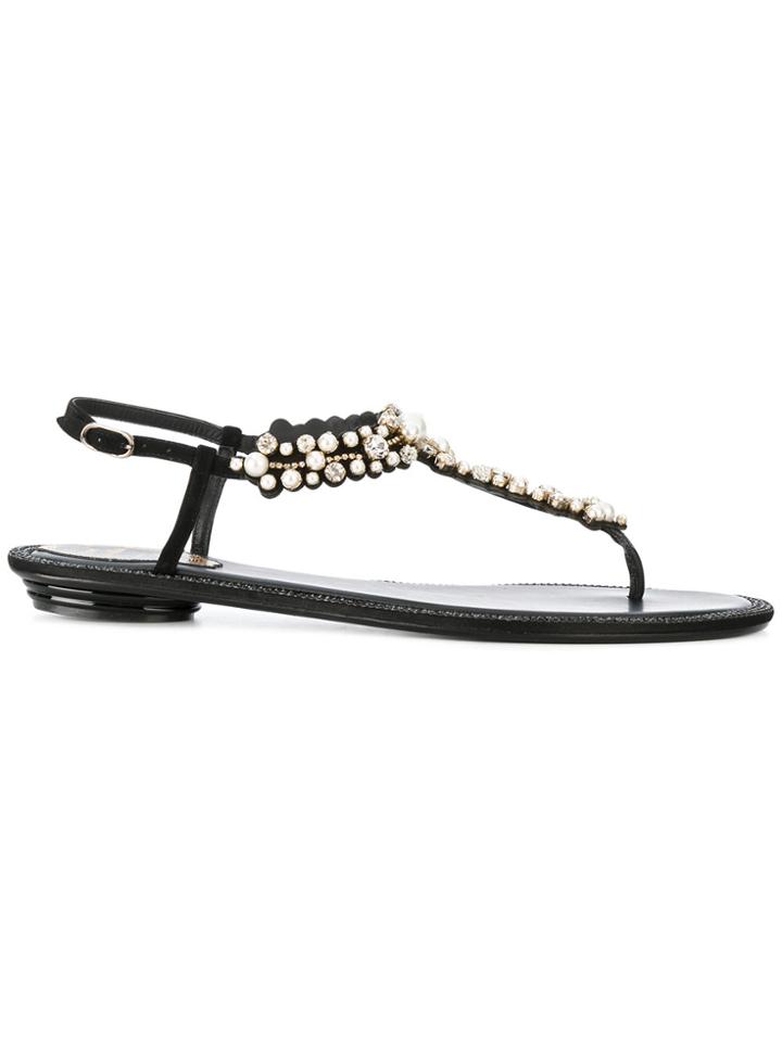 René Caovilla Embellished Flat Sandals - Black