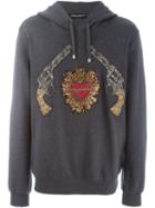 Dolce & Gabbana Sacred Heart Gun Patch Hoodie, Men's, Size: 48, Grey, Cotton/ramie/glass/polyester