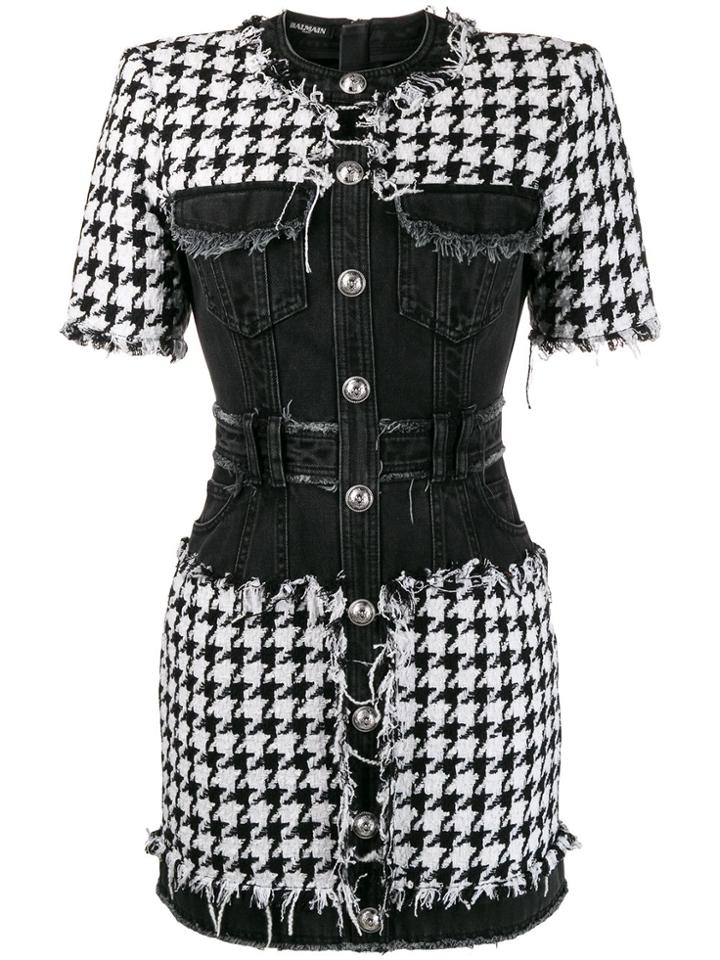 Balmain Houndstooth Tweed And Denim Dress - Black