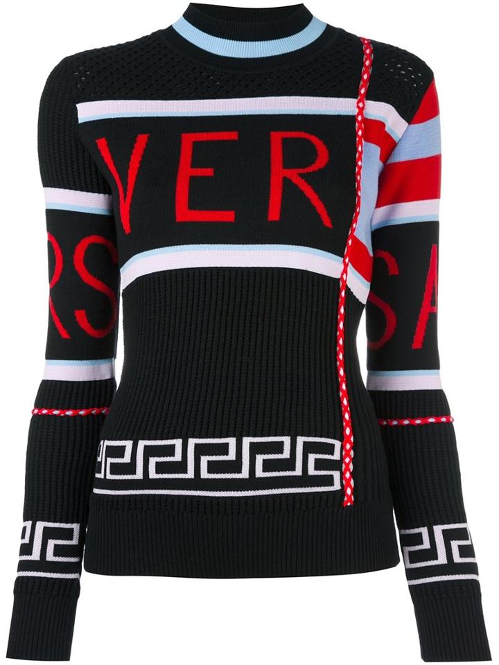 Versace Contrast Logo Sweater, Women's, Size: 42, Black, Nylon/wool